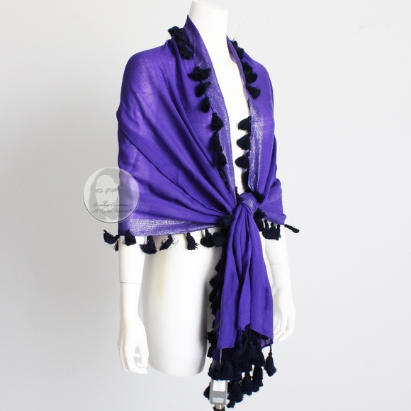 Eileen Fisher Violet Wrap Tassels Scarf Shawl Shimmer Wool Edges 80in NWT NOS OS - Picture 2 of 9